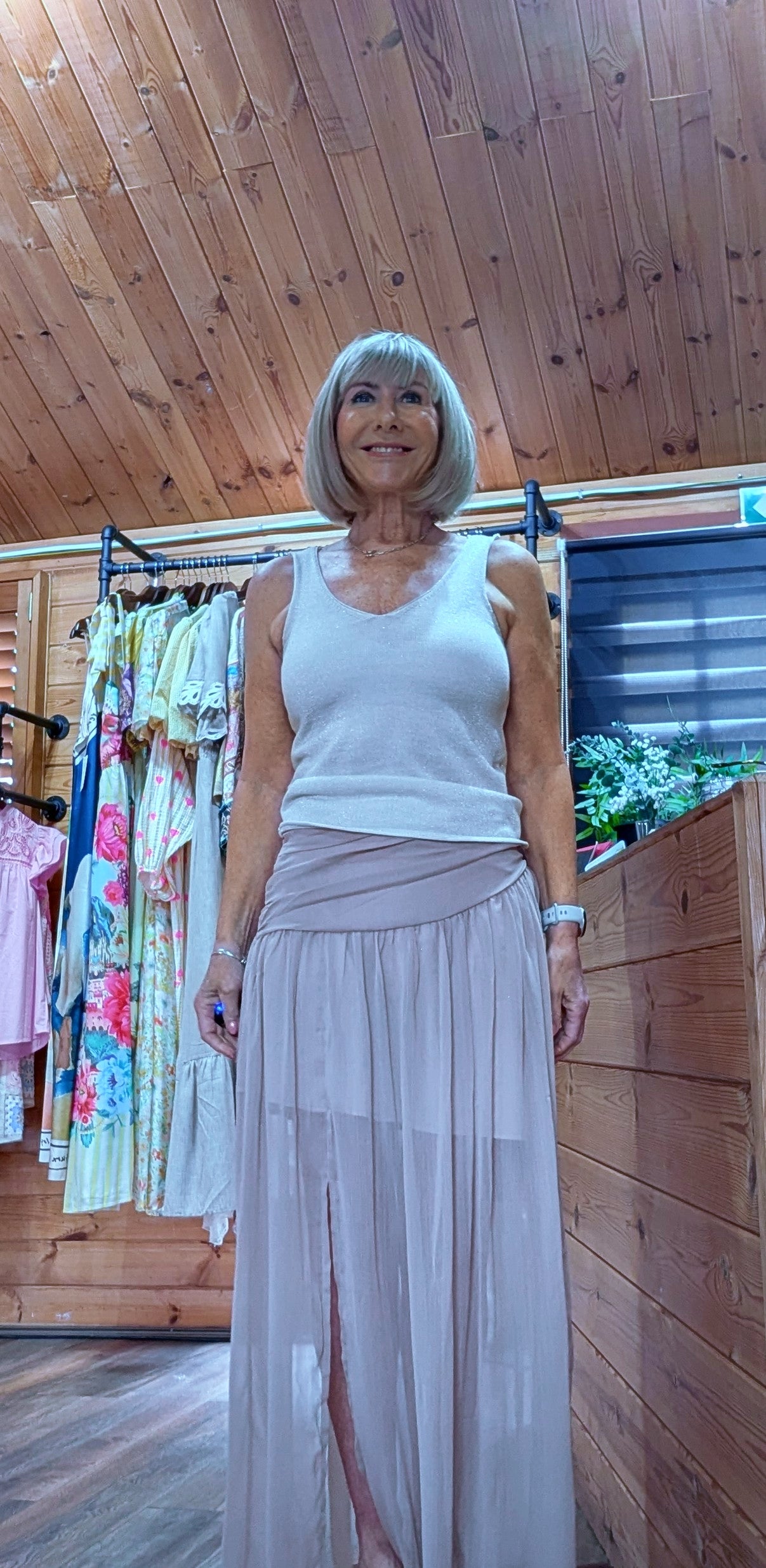 Long flowing voile skirt in taupe