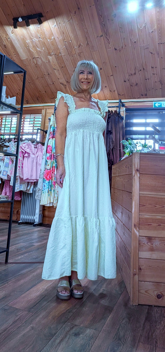 Evelyn Yellow shirred cotton blend sundress
