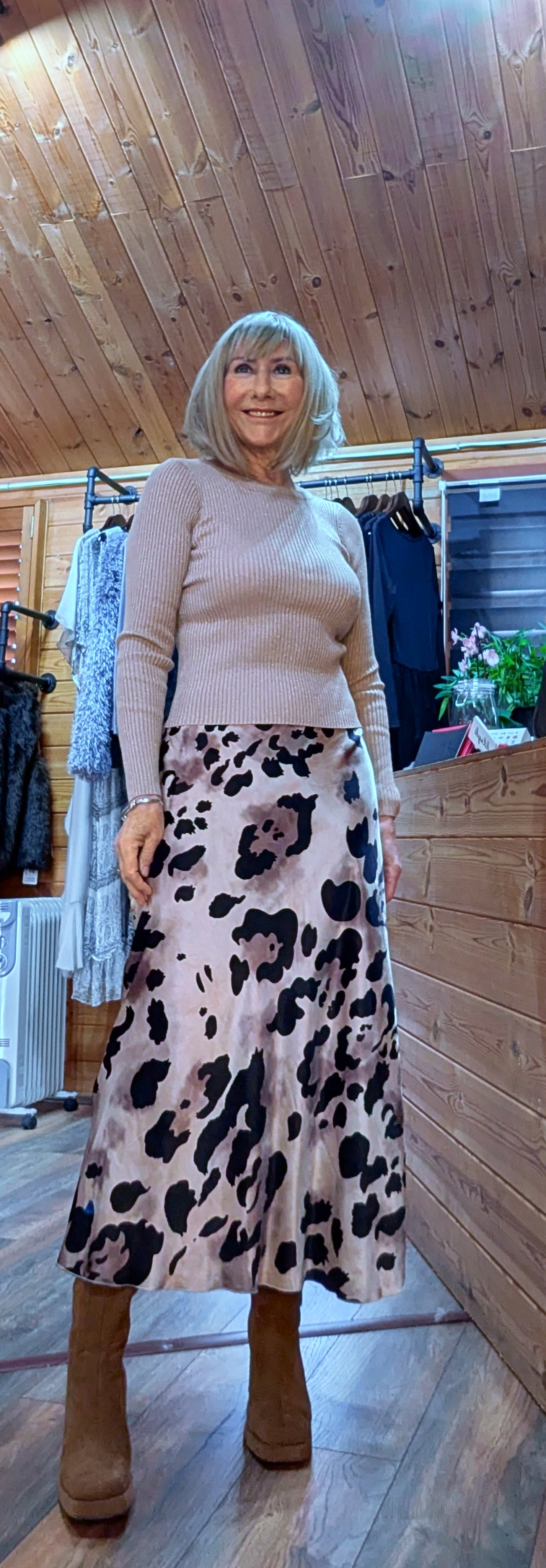 Rula Crew -Neck Fitted Sweater – Soft Knit with Gold Shimmer Amora Leopard Print Satin Slip Skirt – Bias Cut Midi