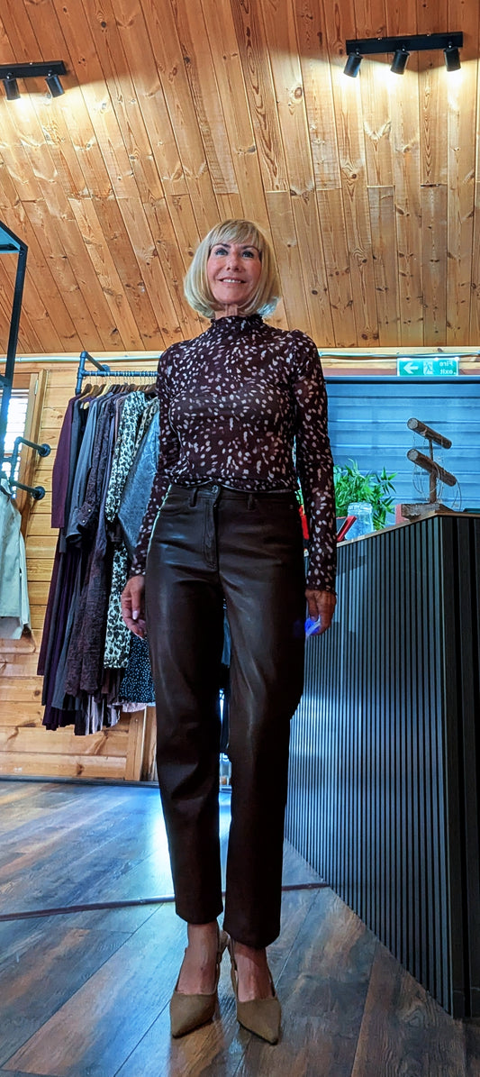 Sylvia chocolate printed roll neck top with long sleeves