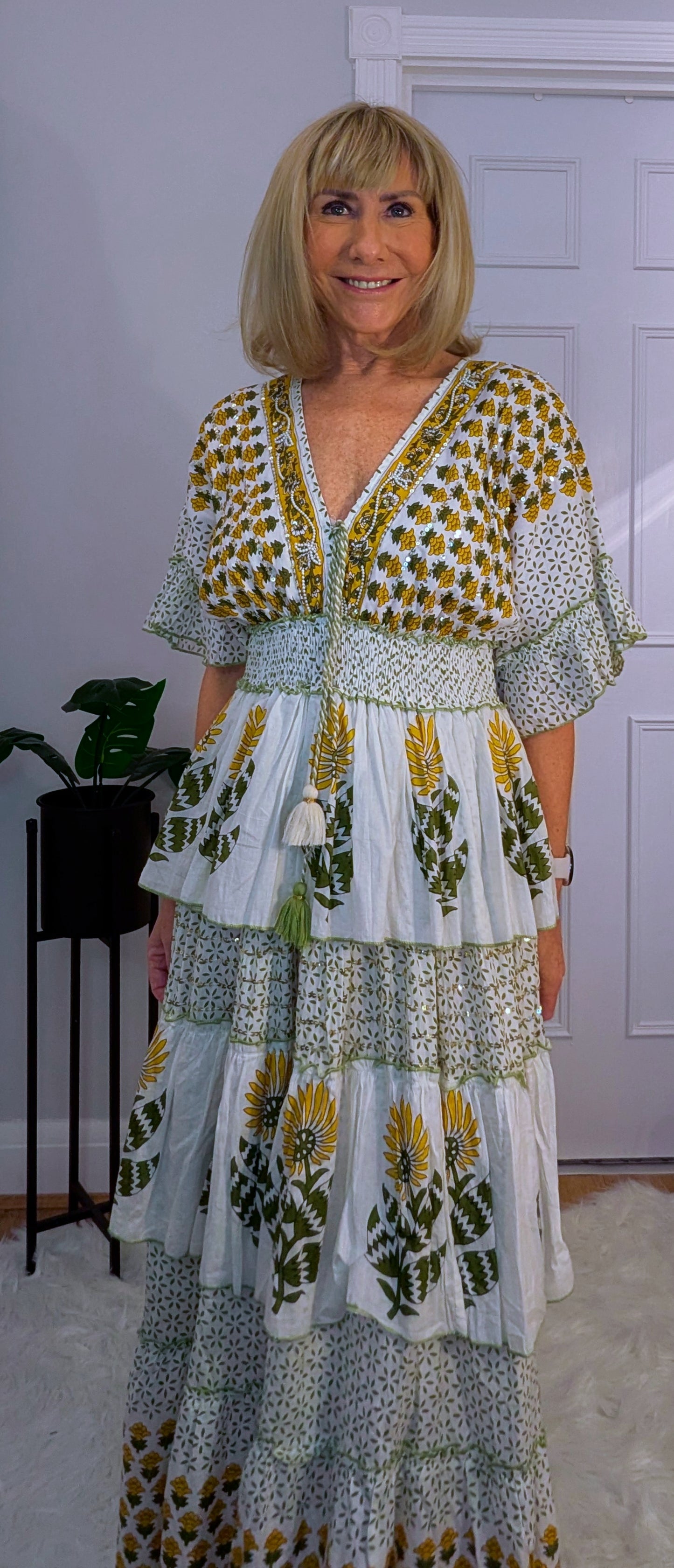 Santorini Bohemian Layered  Dress in White with Green and Gold Tassels