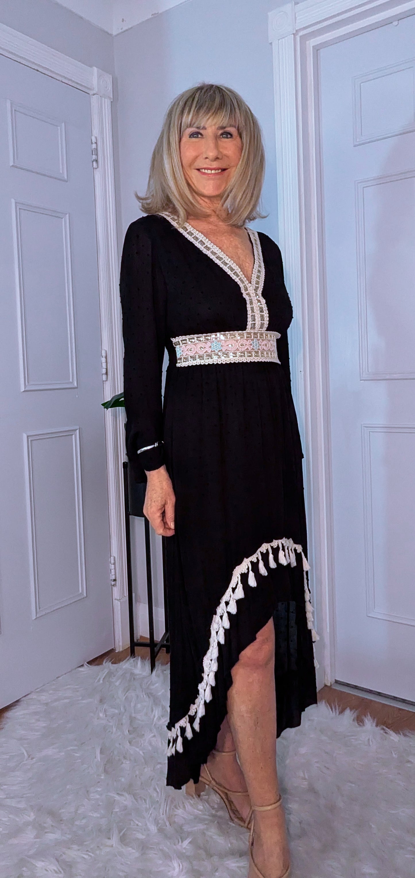 Philly High-Low Boho Dress – Black with Ivory  Pink Sequin Detail