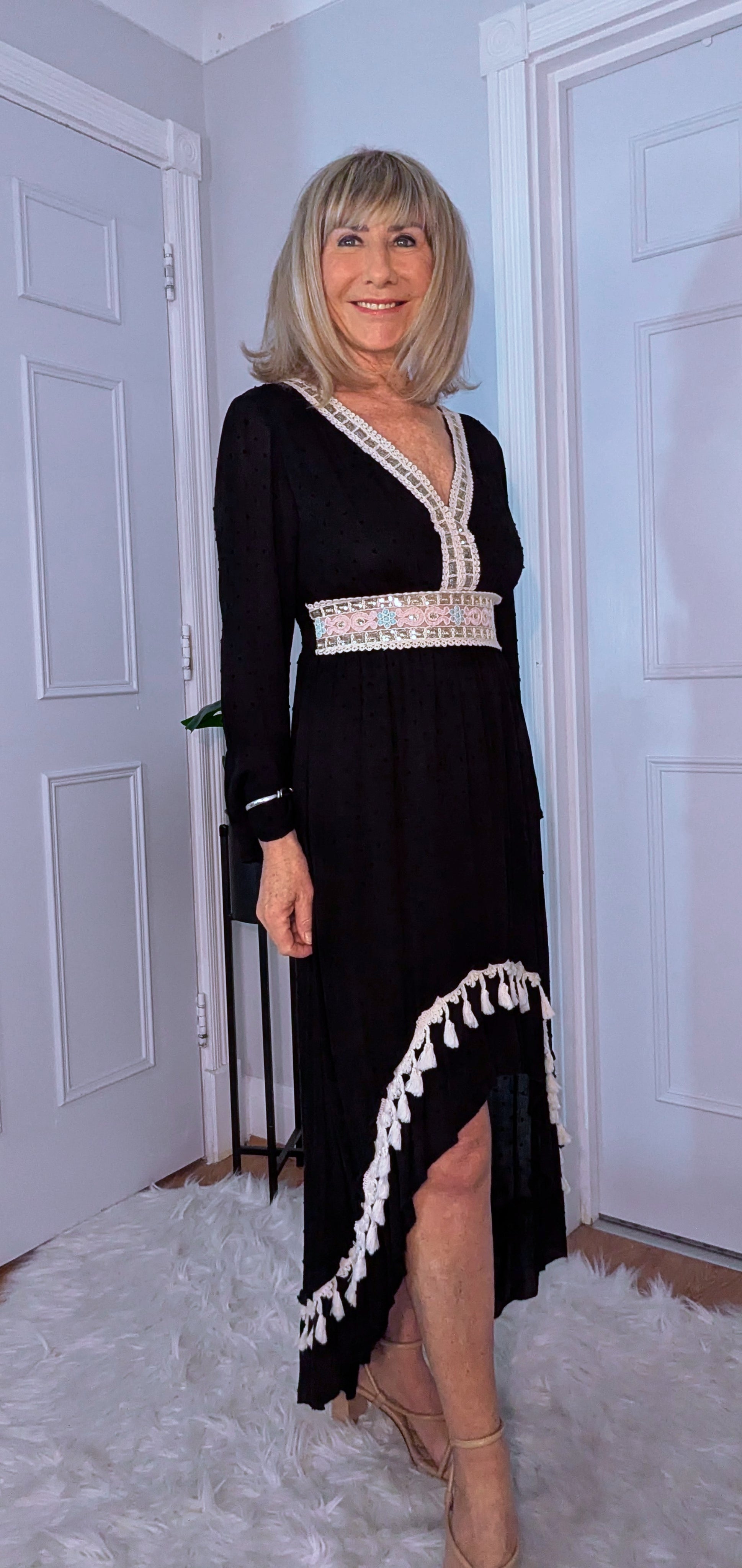 Philly High-Low Boho Dress – Black with Ivory  Pink Sequin Detail