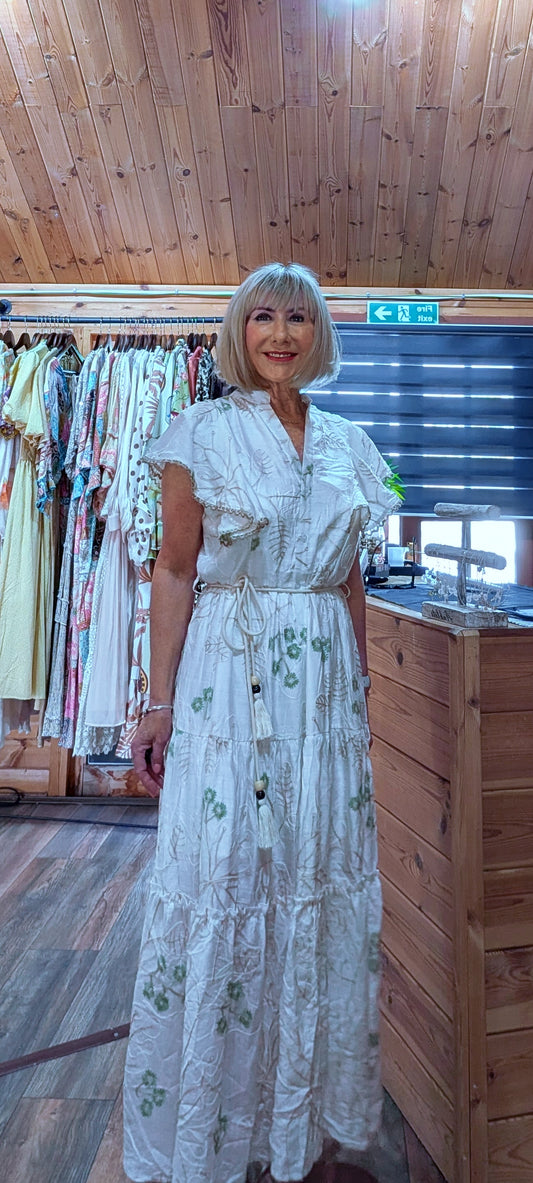 Charity white embroidered midi dress with tie waist