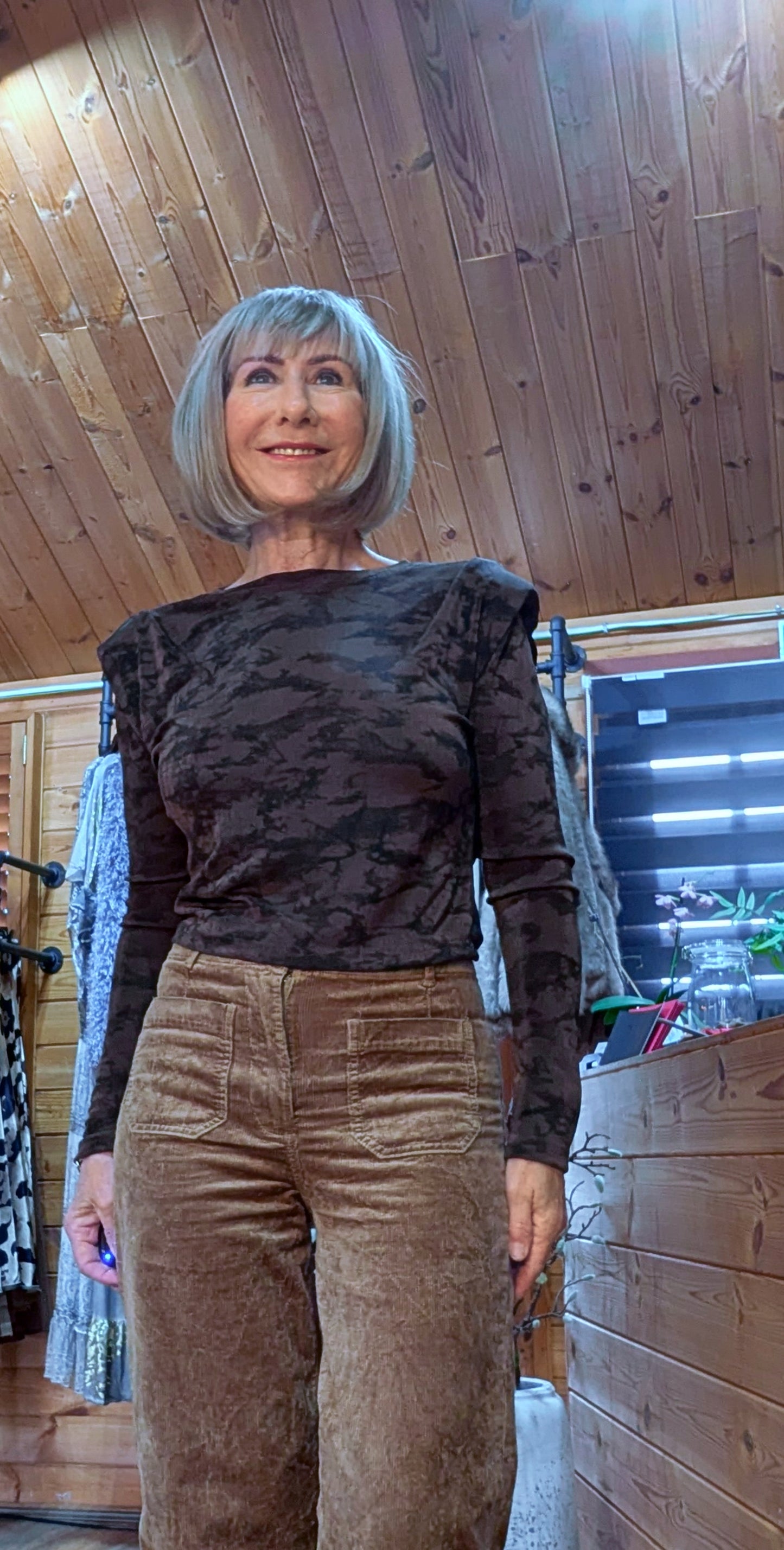 Madeline Lurex Tie-Dye Top – Warm Chocolate with Shoulder Pads