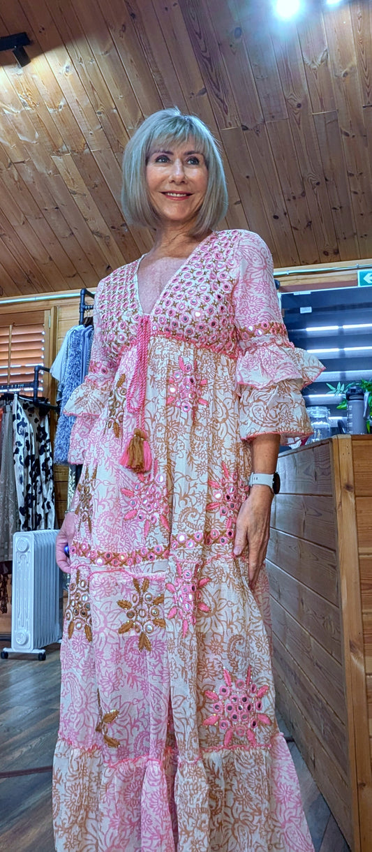 Clara Pink Boho Maxi Dress – Embroidered, Sequinned Made of  Cotton