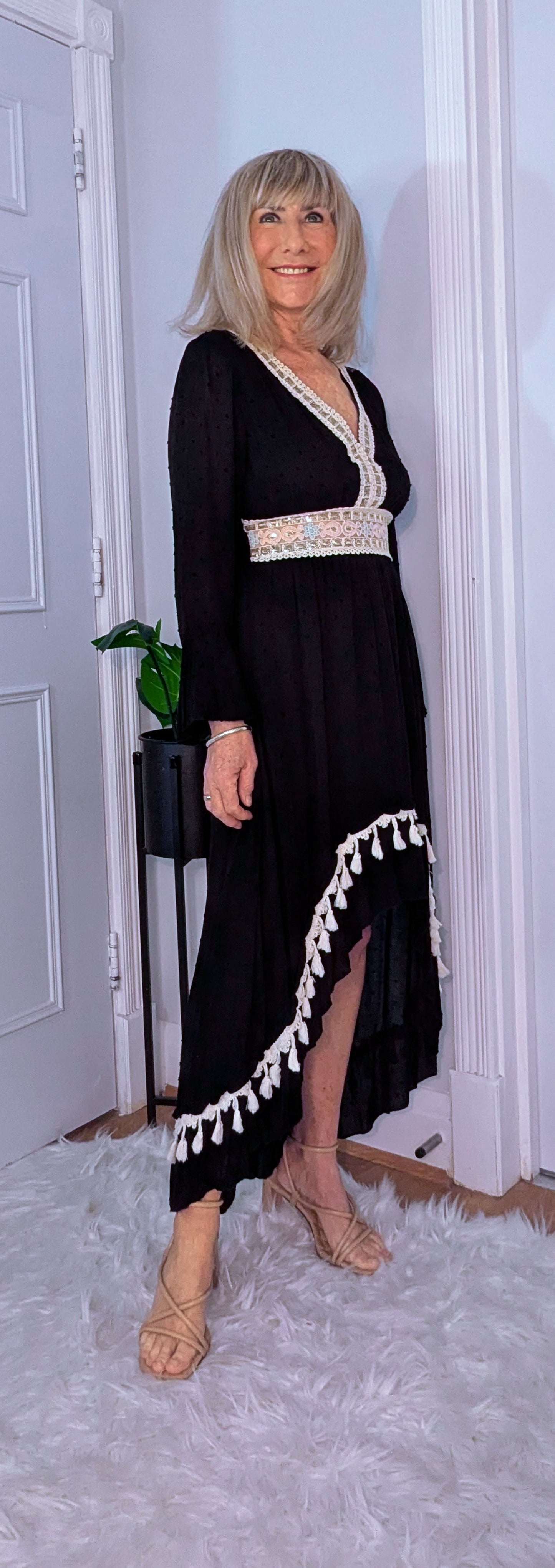 Philly High-Low Boho Dress – Black with Ivory  Pink Sequin Detail