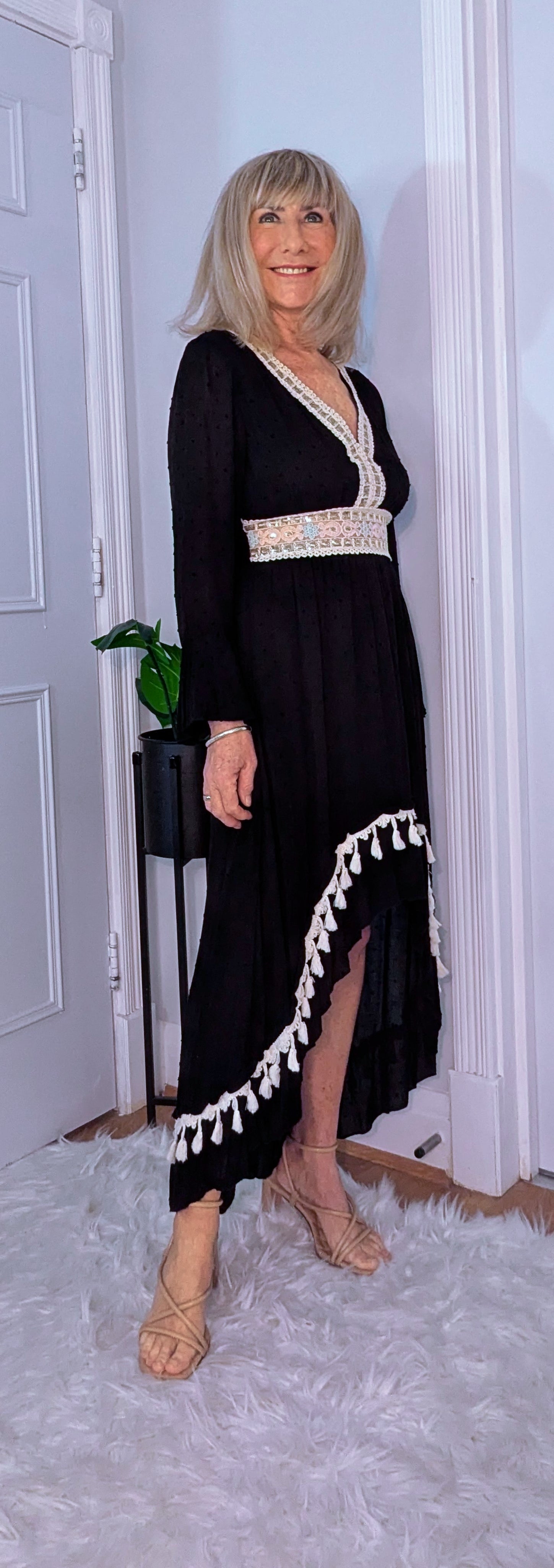 Philly High-Low Boho Dress – Black with Ivory  Pink Sequin Detail