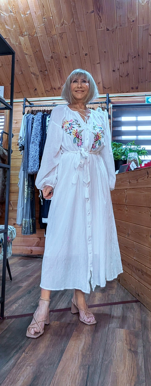 Rosemary white embroidered cotton shirt dress with tassel belt front view