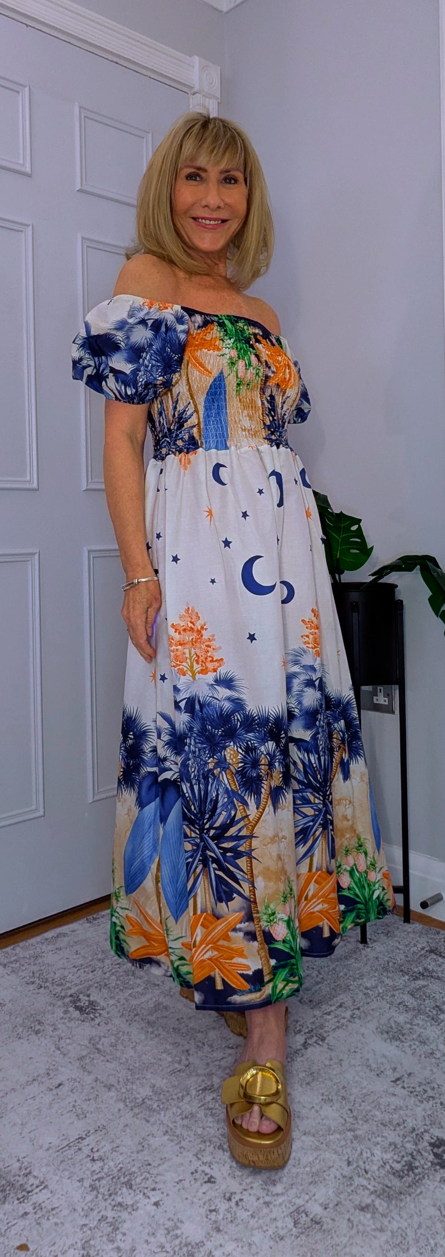 Blossom Bold Print Shirred Dresses On or Off Shoulder White