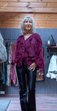 Estelle Bordeaux Ruffle Blouse – V-Neck with Button Front