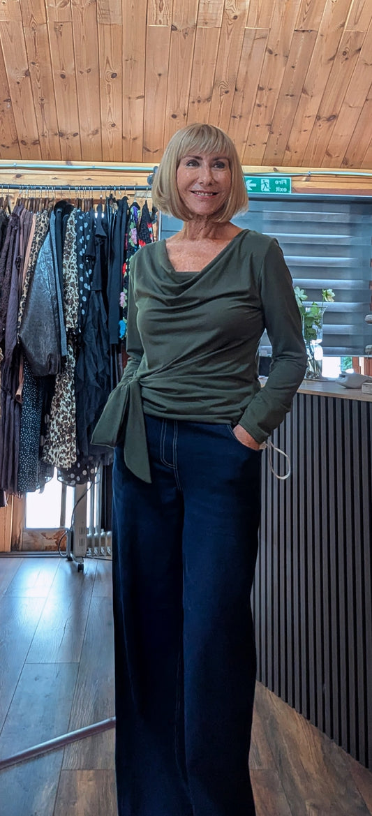 Khaki draped women’s top with asymmetric hem