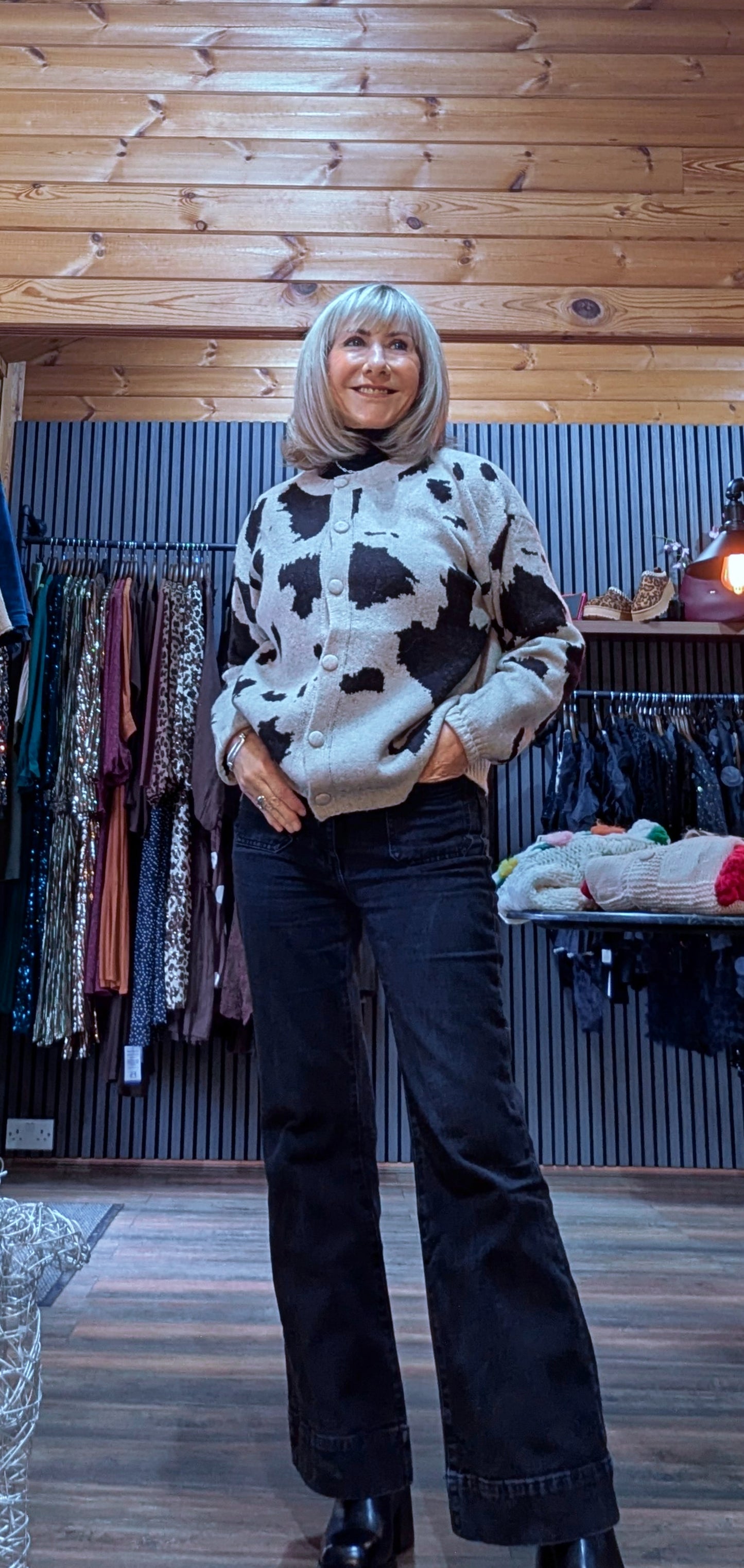 Cathy Taupe Cow Print Soft Knit Cardigan – Button Front