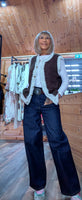 Colleen Sleeveless Cardigan – Cocoa with Ivory Border & Gold Buttons