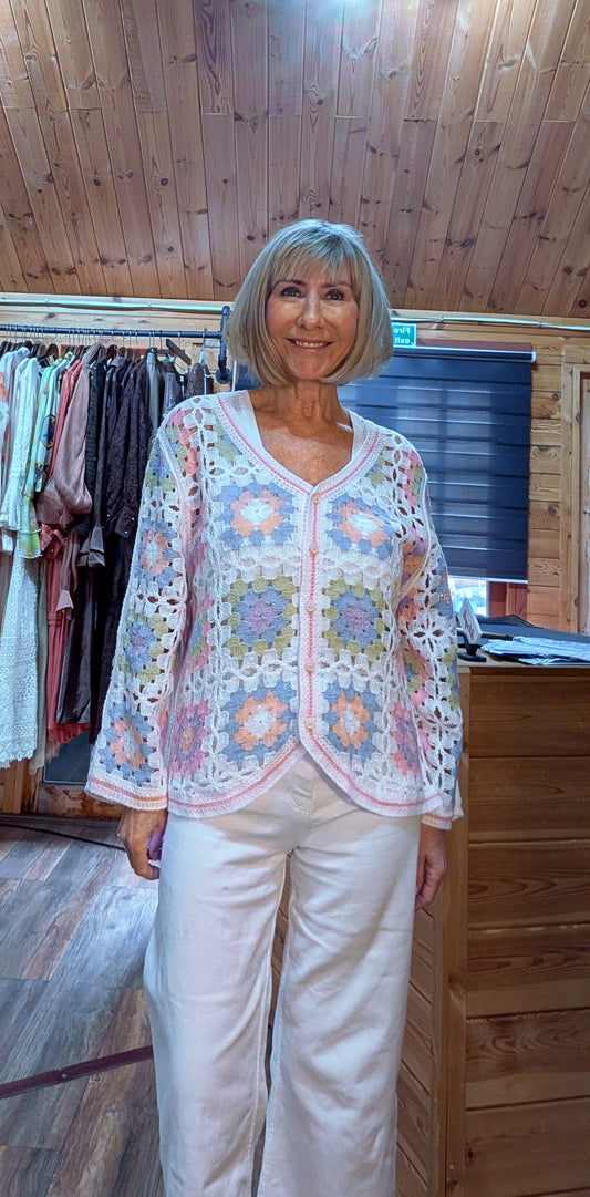Ketty colourful crochet cardigan with button front