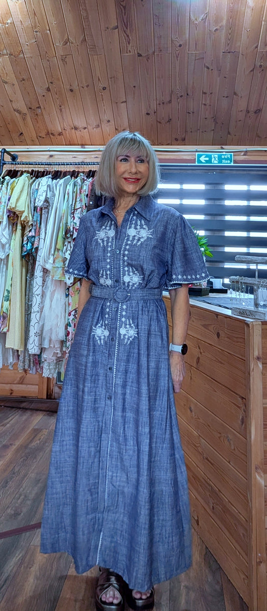 Clover Blue Shirt Dress With Belt - White Embroidered detail styled by ditsydi