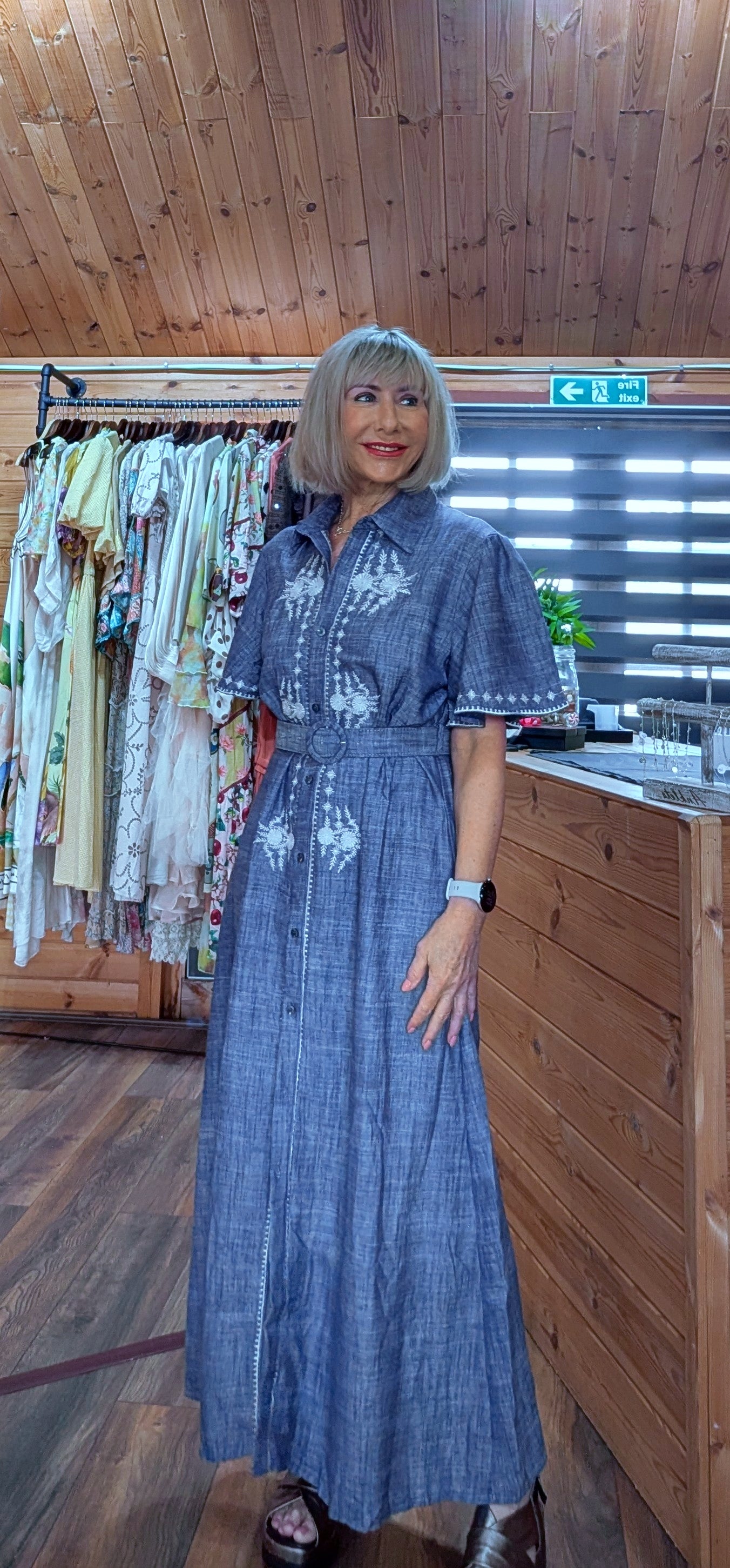Clover Blue Shirt Dress With Belt - White Embroidery