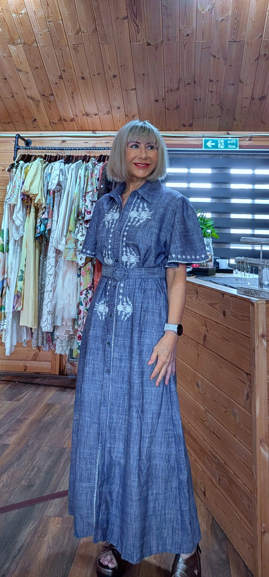 Clover Blue Shirt Dress With Belt - White Embroidery