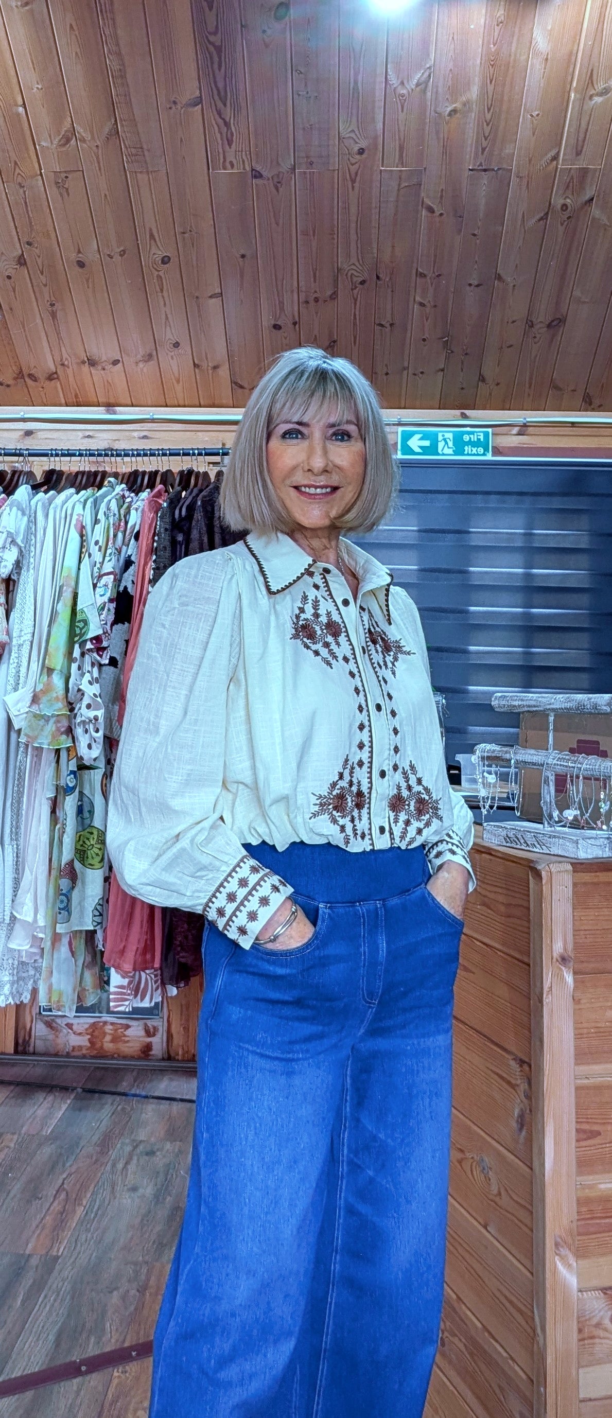 Lucille embroidered cotton blouse in cream and chocolate