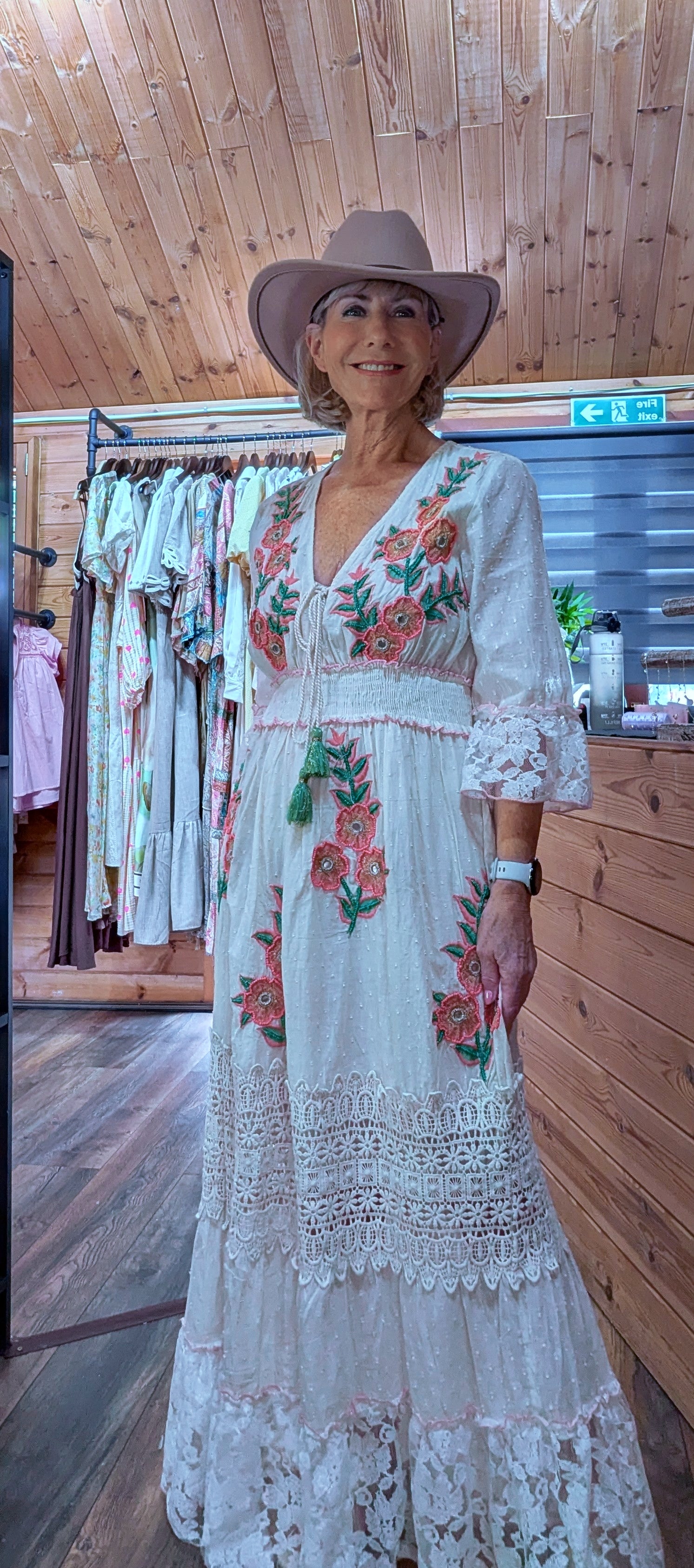 Mirabelle Bohemian Embroidery  Ivory Maxi Dress styled with a stetson by ditydi