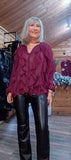 Estelle Bordeaux Ruffle Blouse – V-Neck with Button Front