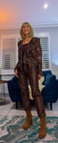 Emery Sheer Blouse – Coffee & Taupe Swirl with Frilled V-Neck