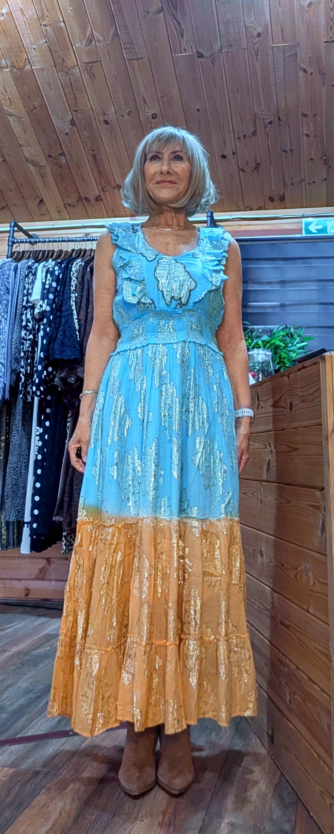 Gianna Boho Maxi Embossed  Dress Turquoise Or  Gold