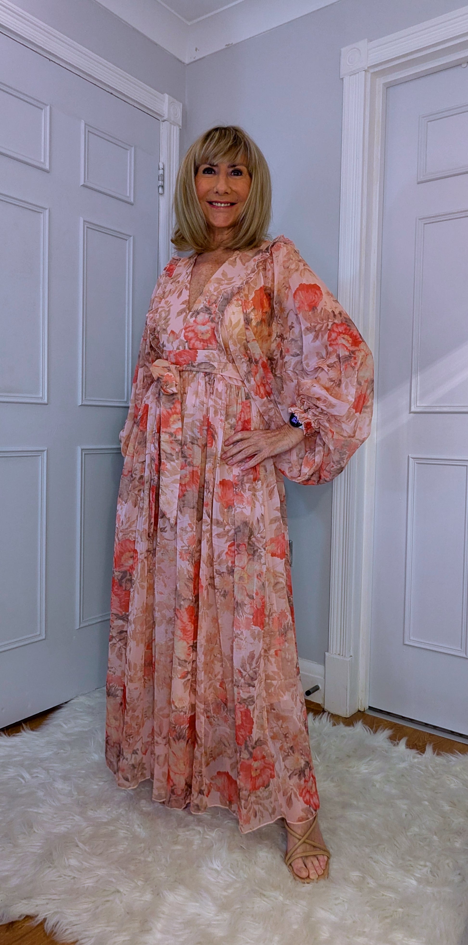 Tia Pink Floral Maxi Dress – Boho Chic with Balloon Sleeves