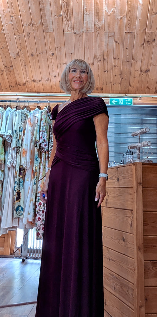 Full-length burgundy maxi dress available in UK sizes 10 to 16