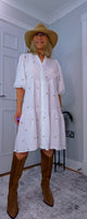 Dory  Smocked Cotton Dress – White with Gold Sequin Stars