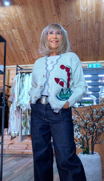 Misty Ivory Cardigan – Grey Piping & Embroidered Floral Detail