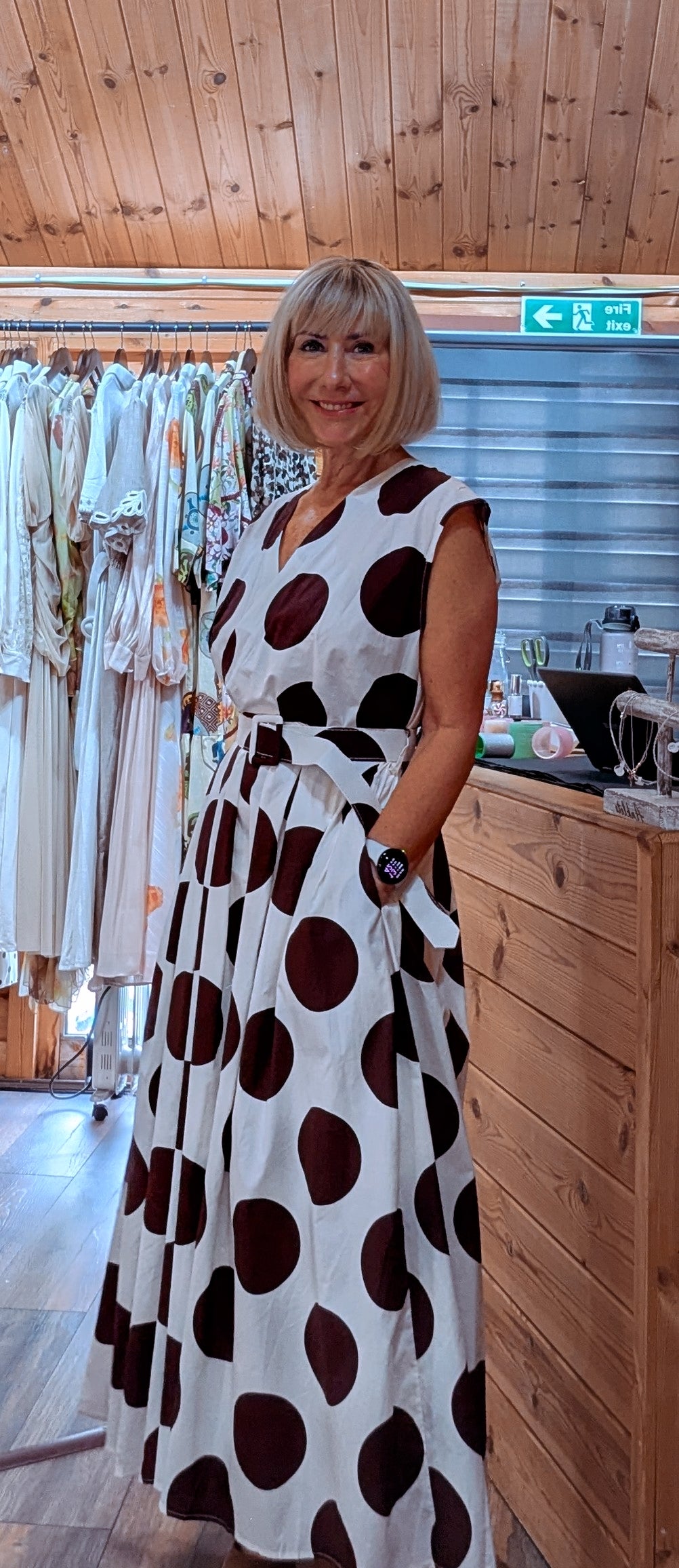 Hilary Polka Dot Belted Maxi Dress – Cream & Brown