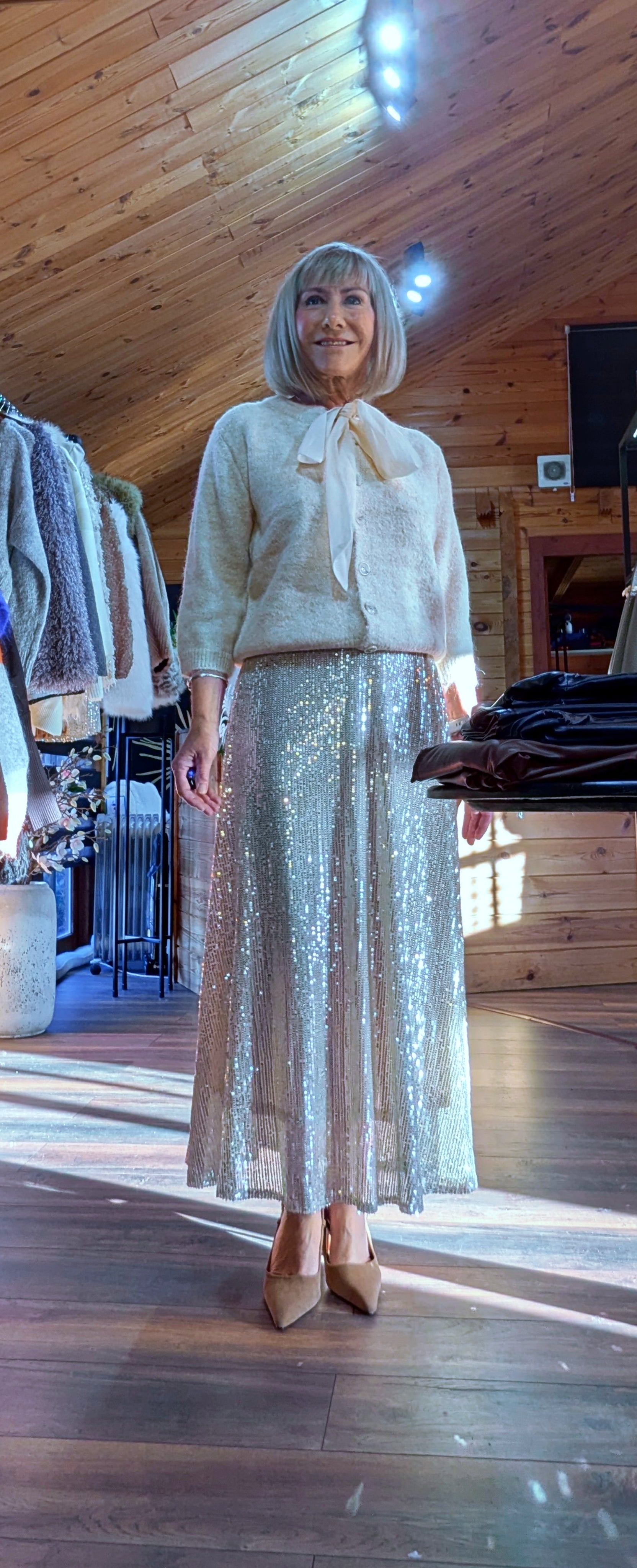 Cher Gold Bias Cut Midi Sequin Skirt