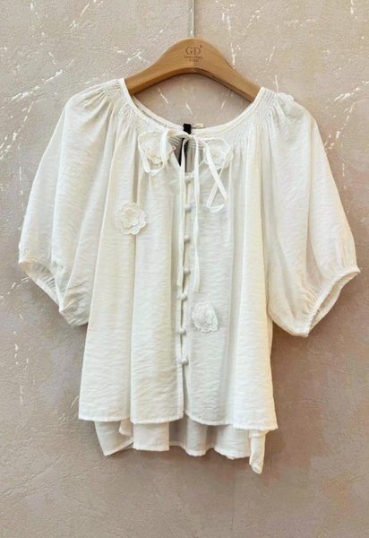Clover White Silk Boho Blouse – Balloon Sleeves & Embroidered Floral Detail