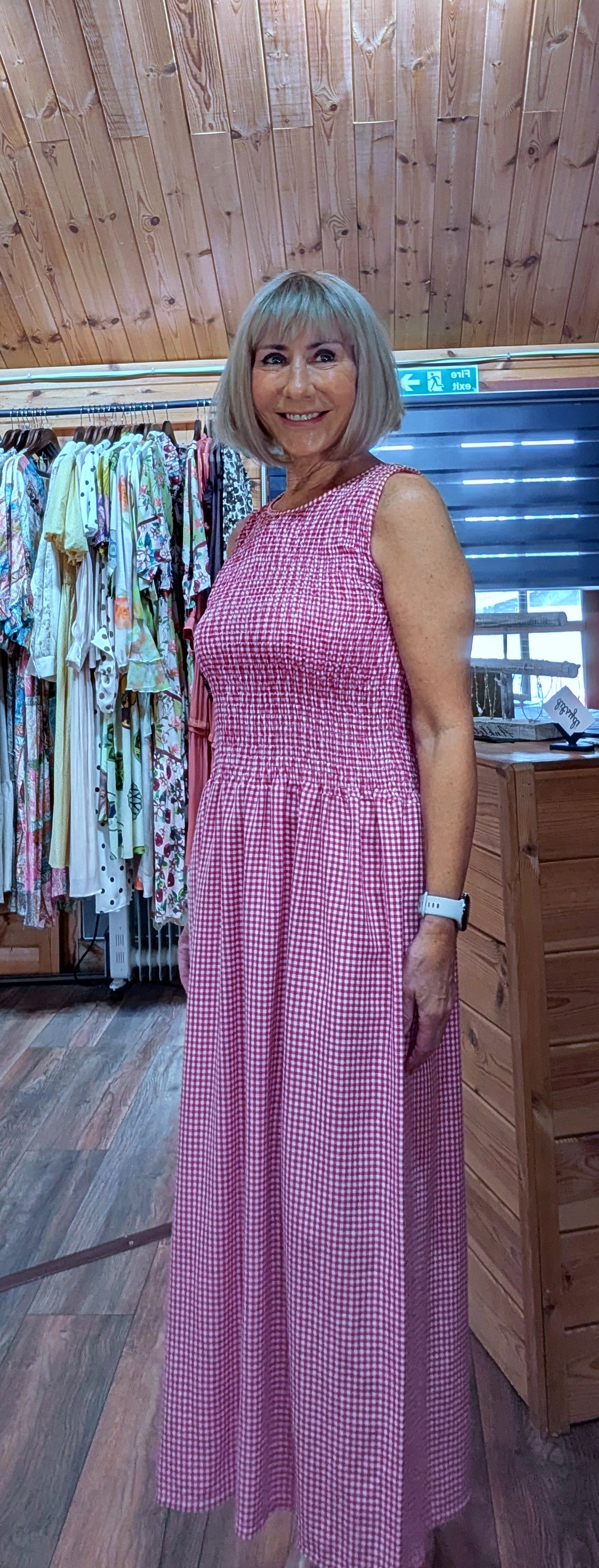 Red shirred dress in red gingham