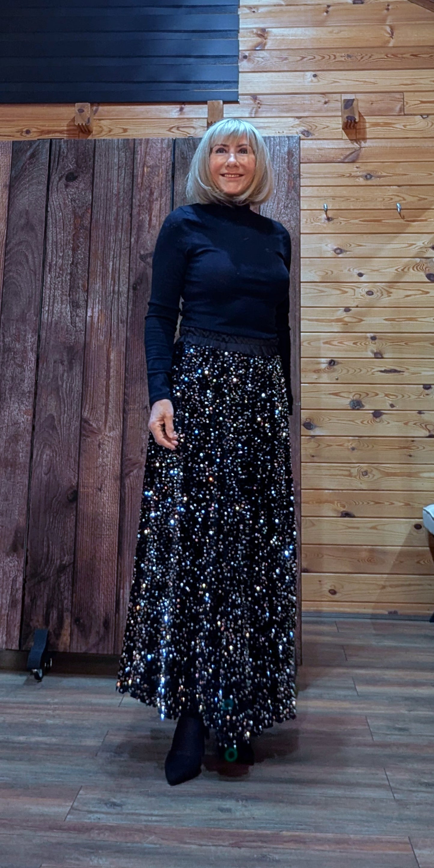 Noelle Black Sequin  Flared Skirt- Silky Elasticated Waist Band