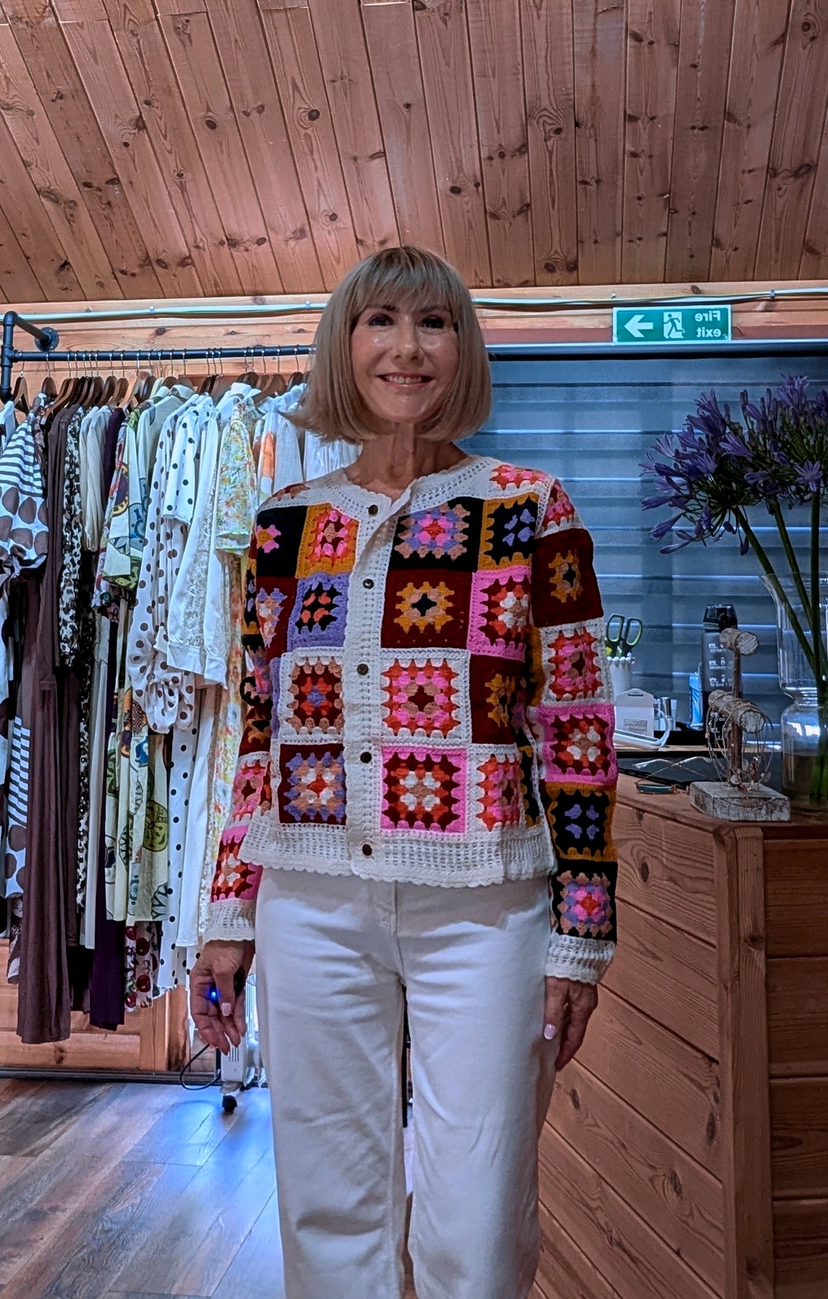 Close up view of Tara Crocheted Multicoloured Cardigan in bold colours