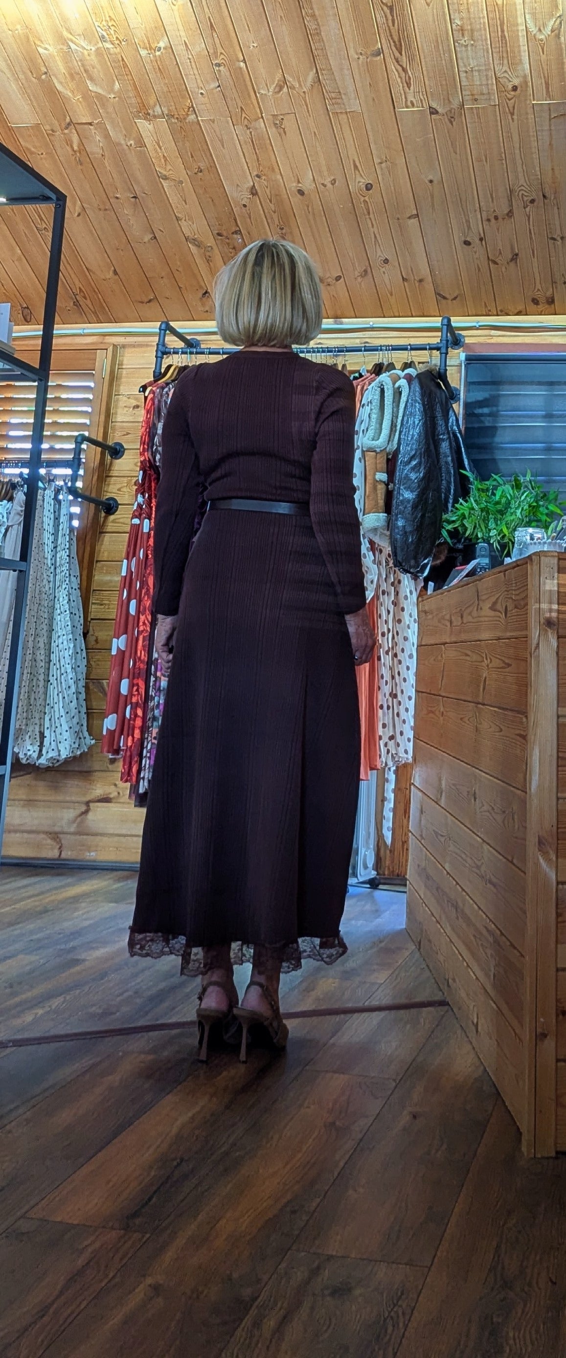 Leonie chocolate knitted midi dress with flattering flared skirt rear