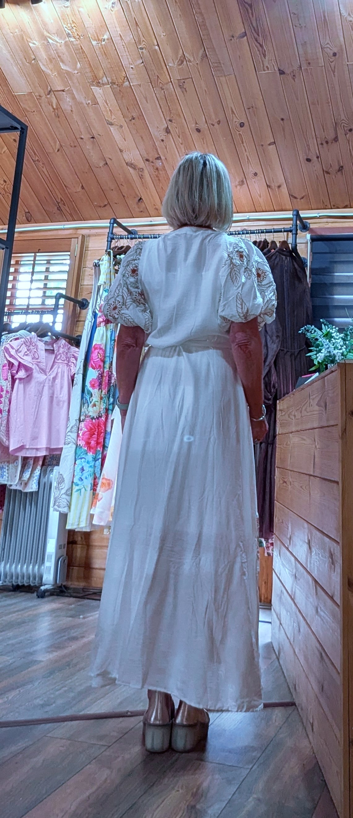 White embroidered maxi dress with waist tie rear view