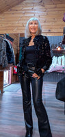 Shania Black Sequin Blouse – Satin Collar & Cuffs