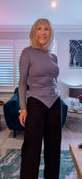 Evangeline  Long Sleeve Top with Asymmetric Ruched Neckline & Handkerchief Hem