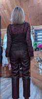 Vixen Chocolate Lace Blouse – Satin Ruffle Detail & Flared Sleeves