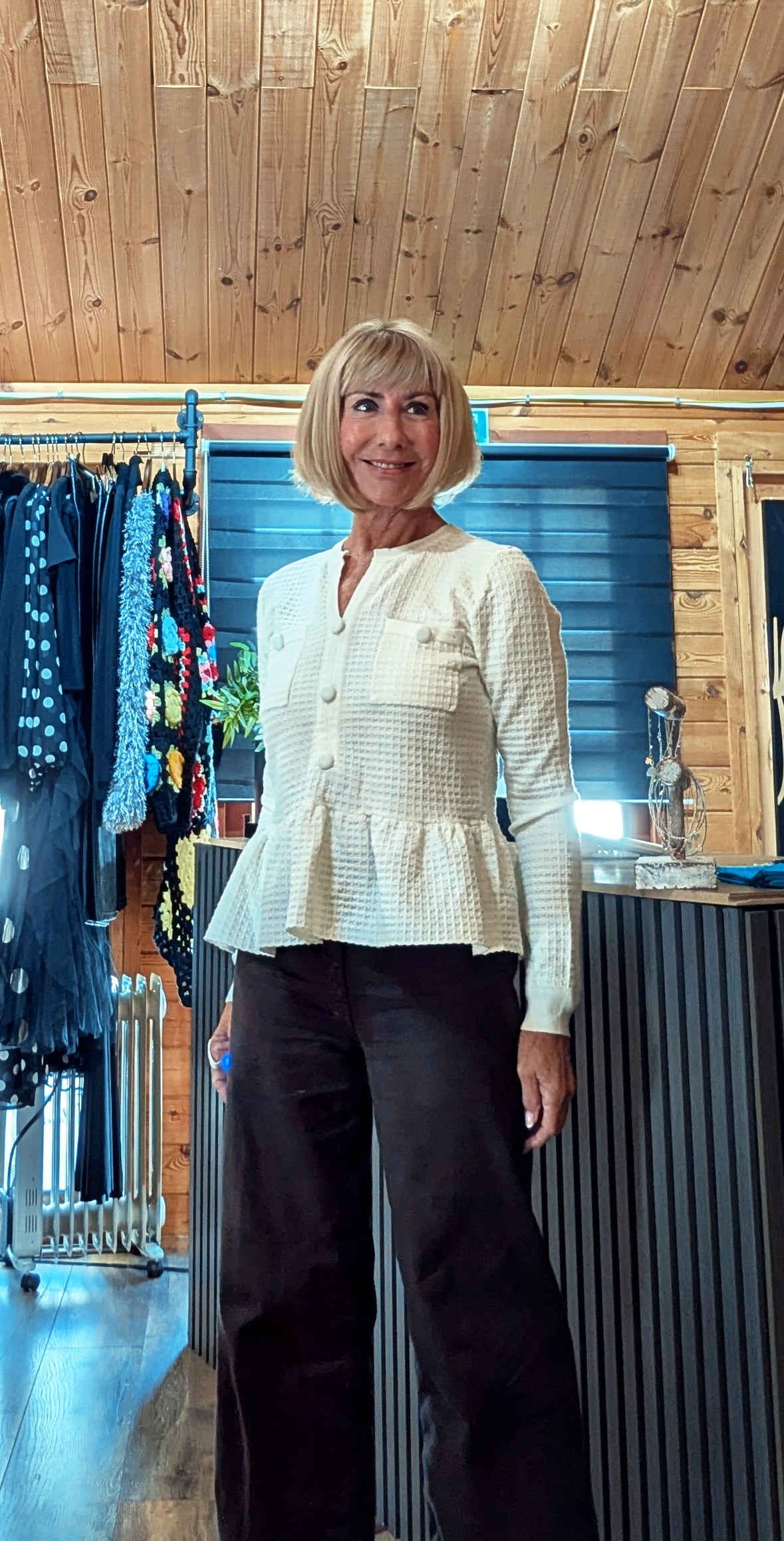 Women’s smart knit top with tonal buttons and gathered hem styled by ditsydi