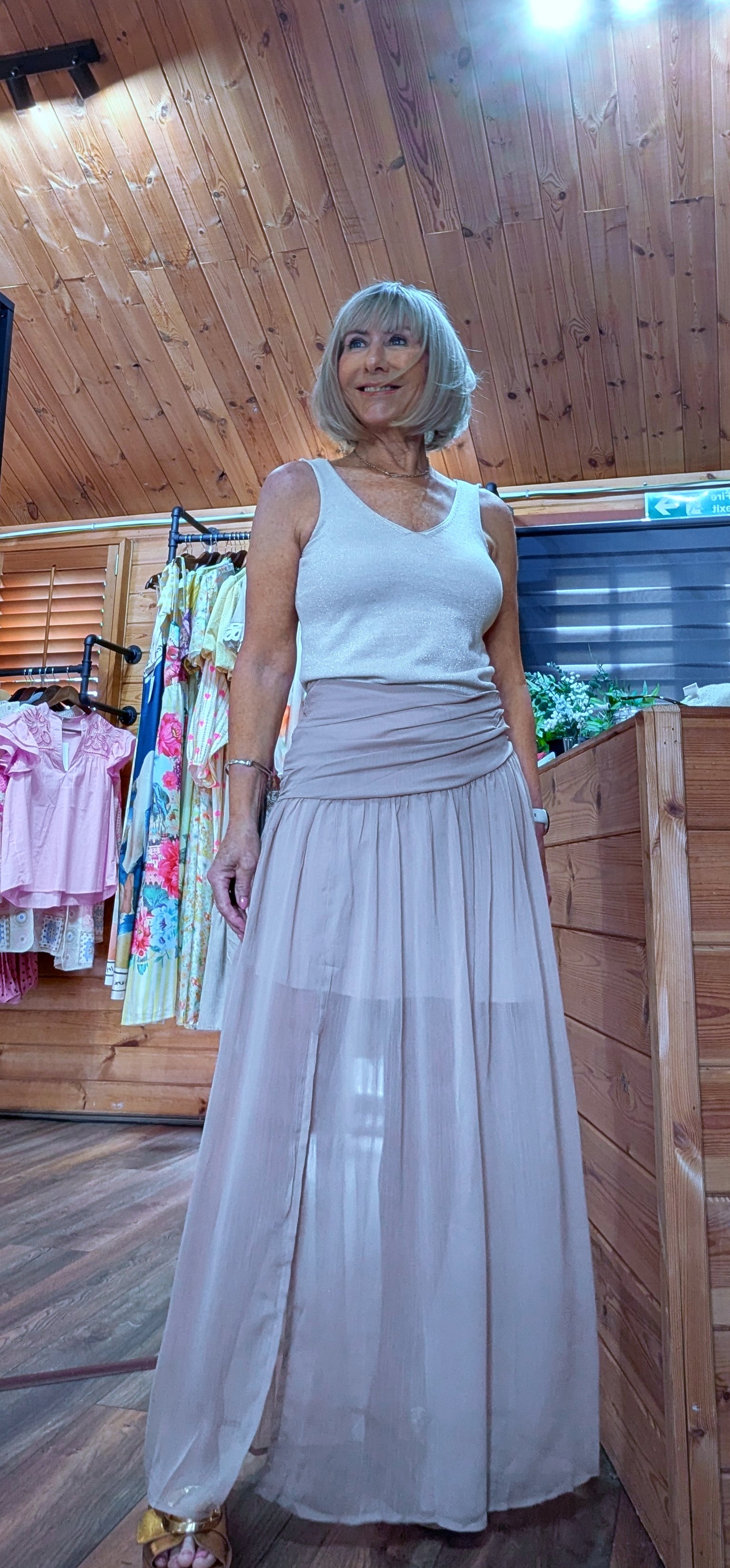 Taupe boho maxi skirt for summer styling worn with Romilly vest