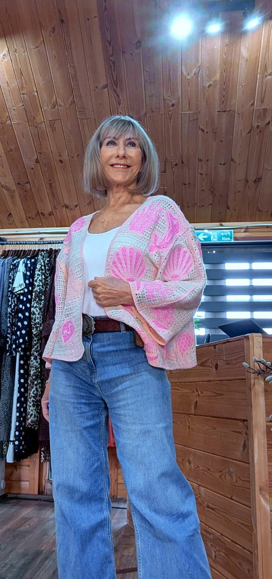 Tara Crocheted White and Pink Cardigan 100% Cotton Boho  Layer