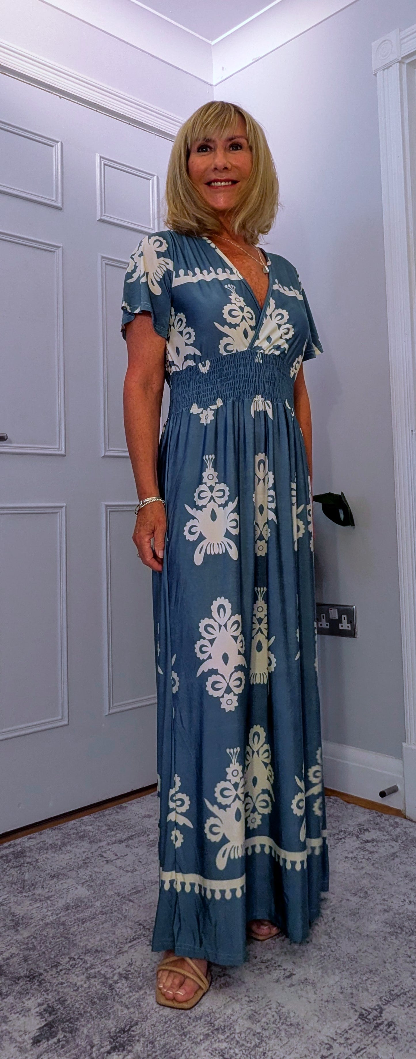 Elissa Dress Soft Jersey in  Bold Print With Shirred Waist Turquoise