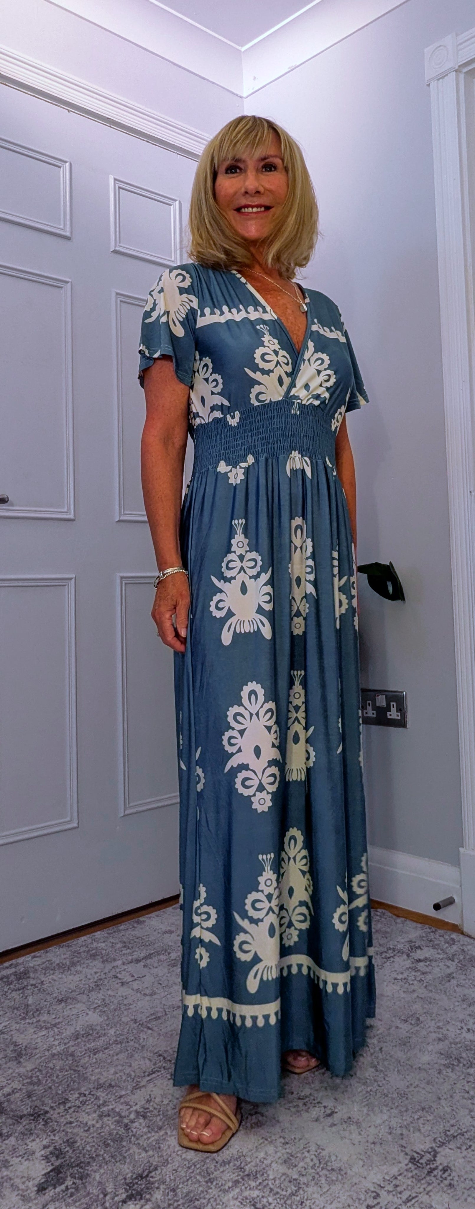Elissa Dress Soft Jersey in  Bold Print With Shirred Waist Turquoise