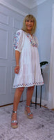 Bo Smocked Linen Cotton Dress – White with Pink & Blue Embroidery