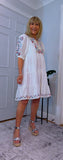 Bo Smocked Linen Cotton Dress – White with Pink & Blue Embroidery
