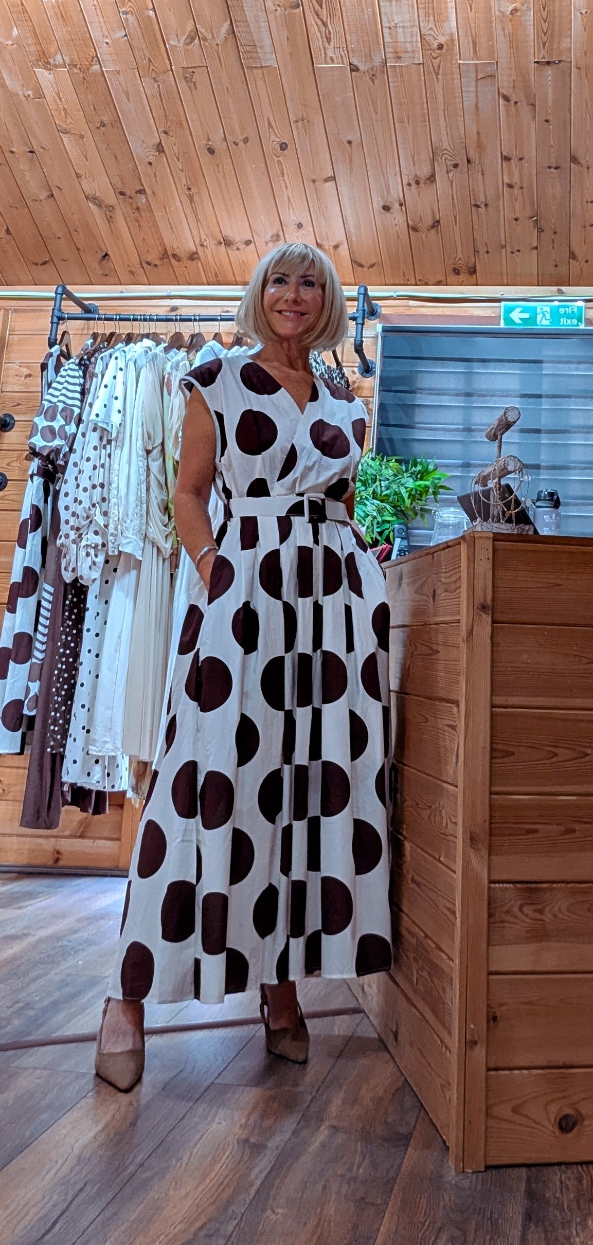 Hilary Polka Dot Belted Maxi Dress – Cream & Brown